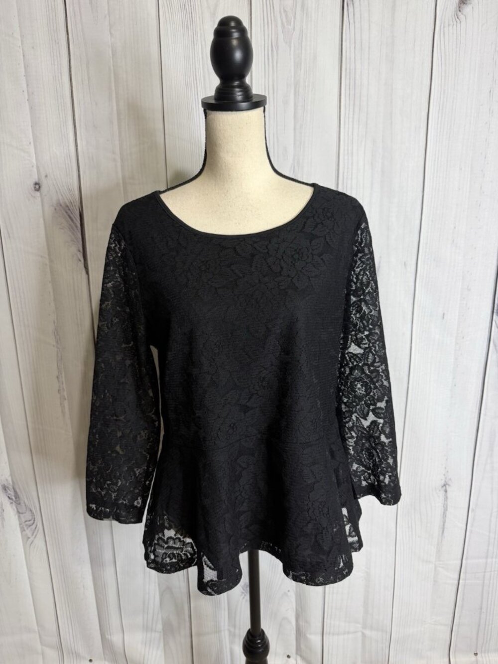 Ann Taylor LOFT Blouse Sz L Black Peplum Lace Overlay Sheer Sleeve Scoop Neck